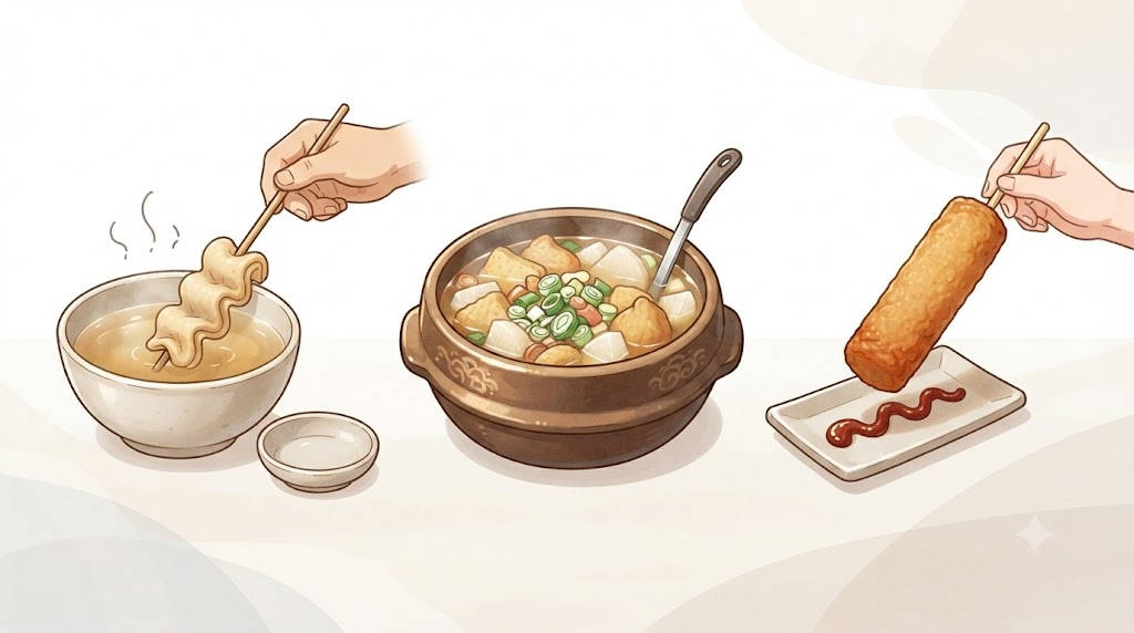 꼬치어묵 이름 뜻 국물 꼬치어묵과 어묵탕, 핫바의 차이를 보여주는 무문자 비교 삽화