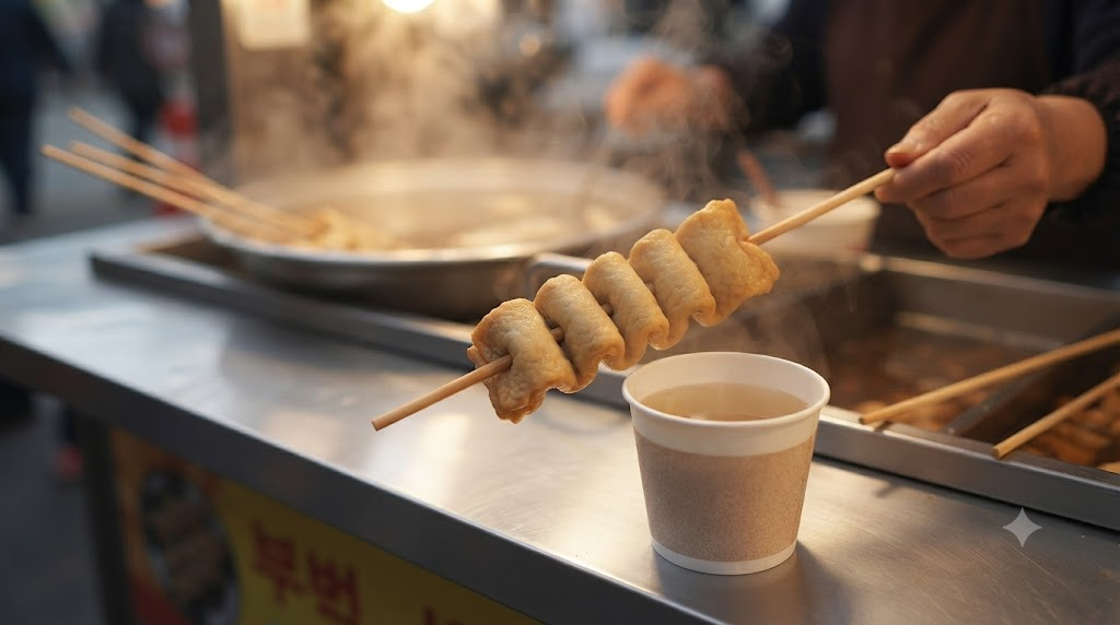 꼬치어묵 이름 뜻 종이컵 국물 옆에 놓인 따뜻한 꼬치어묵 한 개
