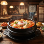순두부찌개 이름 뜻 한식당 식탁에 놓인 붉은 순두부찌개 뚝배기