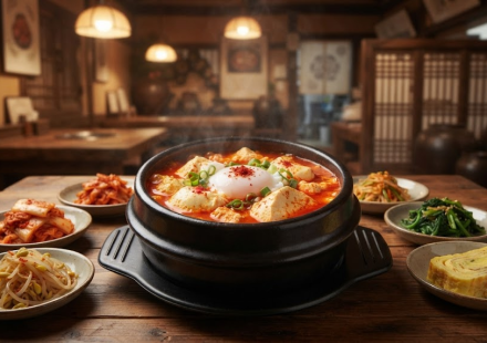 순두부찌개 이름 뜻 한식당 식탁에 놓인 붉은 순두부찌개 뚝배기