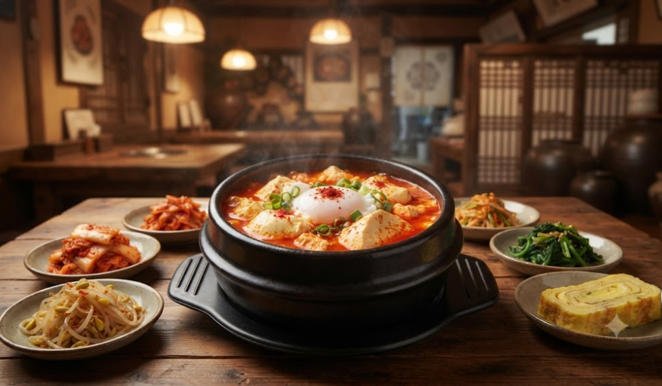 순두부찌개 이름 뜻 한식당 식탁에 놓인 붉은 순두부찌개 뚝배기
