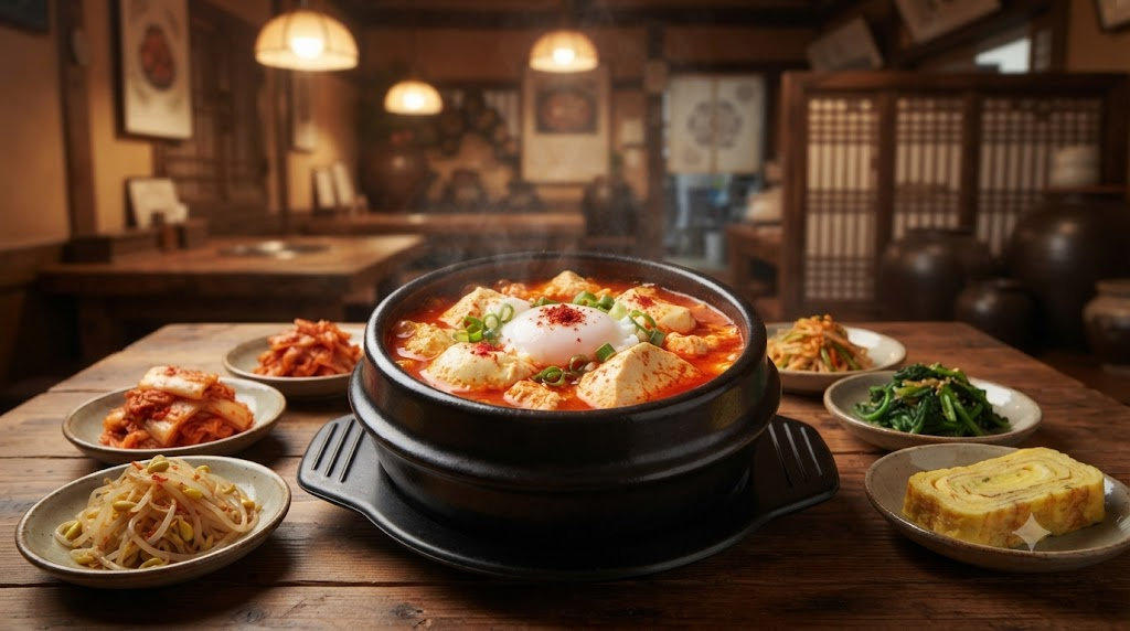 순두부찌개 이름 뜻 한식당 식탁에 놓인 붉은 순두부찌개 뚝배기