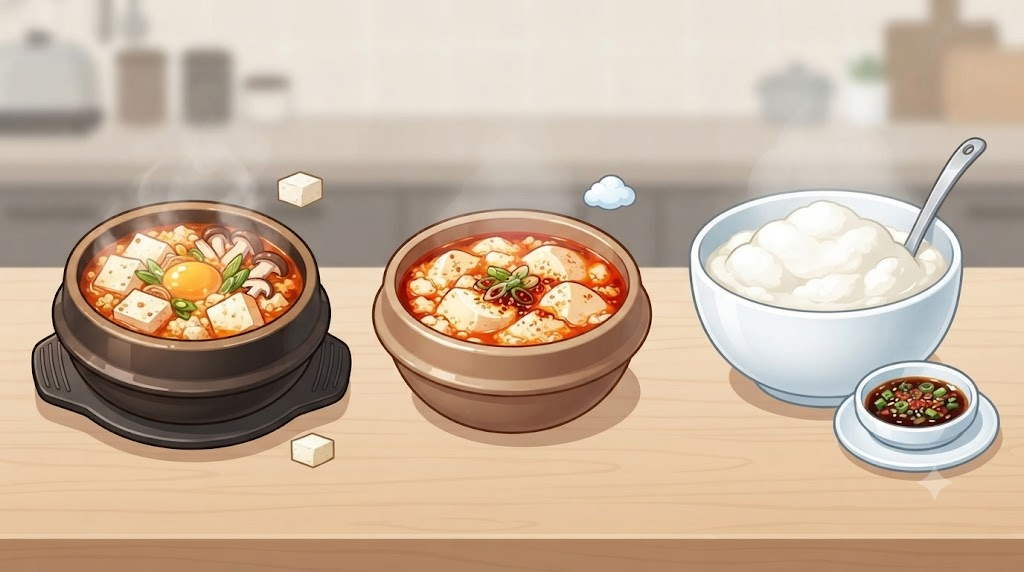 순두부찌개 이름 뜻 두부찌개와 순두부찌개와 초당순두부의 모습 비교
