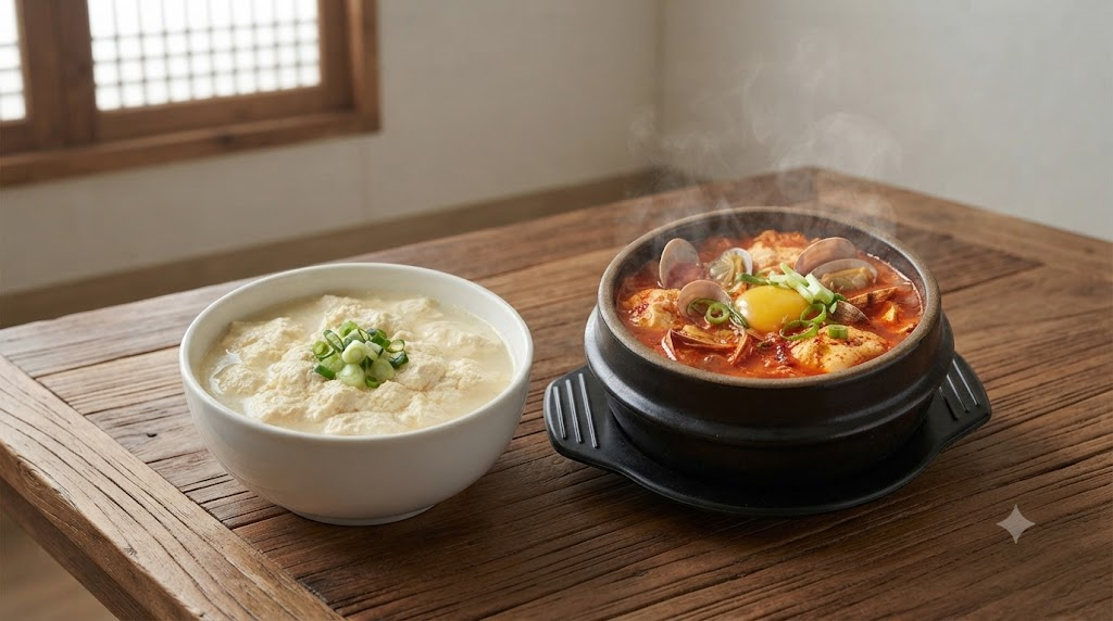 순두부찌개 이름 뜻 하얀 순두부와 얼큰한 순두부찌개가 나란히 놓인 식탁