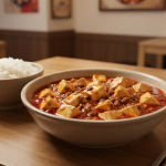 마파두부 이름 뜻 중식당 식탁에 밥과 함께 놓인 붉은 마파두부