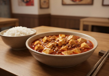 마파두부 이름 뜻 중식당 식탁에 밥과 함께 놓인 붉은 마파두부