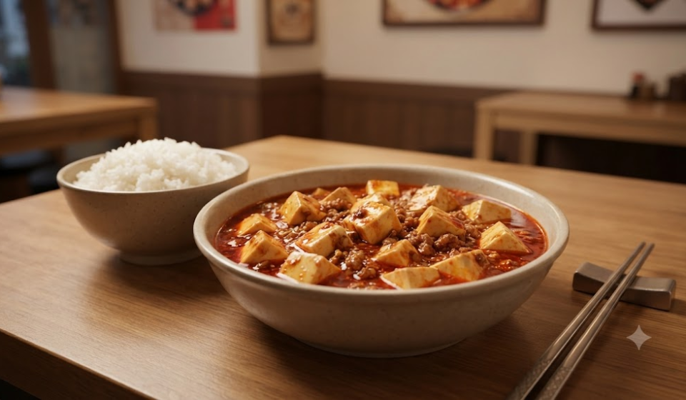 마파두부 이름 뜻 중식당 식탁에 밥과 함께 놓인 붉은 마파두부
