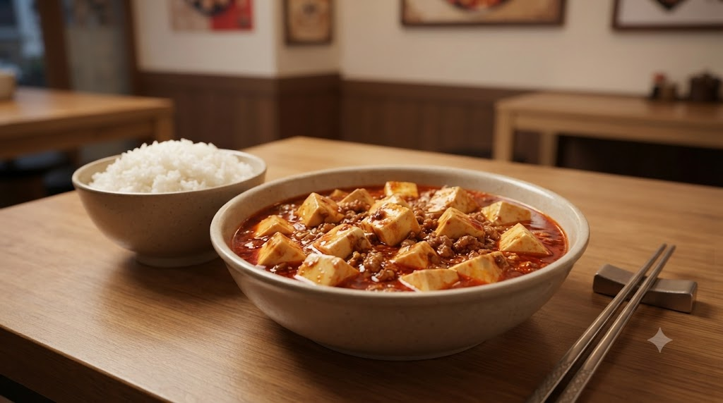 마파두부 이름 뜻 중식당 식탁에 밥과 함께 놓인 붉은 마파두부