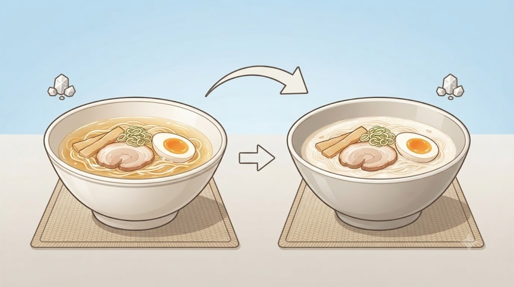 시오라멘 이름 뜻 시오라멘 국물이 맑거나 뿌옇게 보일 수 있음을 보여주는 무문자 비교 삽화