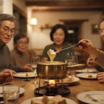 퐁듀 이름 뜻 양식당 테이블 중앙의 치즈 퐁듀 냄비에 빵을 담그는 모습