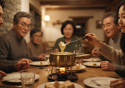 퐁듀 이름 뜻 양식당 테이블 중앙의 치즈 퐁듀 냄비에 빵을 담그는 모습