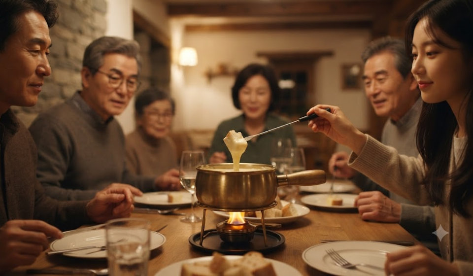 퐁듀 이름 뜻 양식당 테이블 중앙의 치즈 퐁듀 냄비에 빵을 담그는 모습