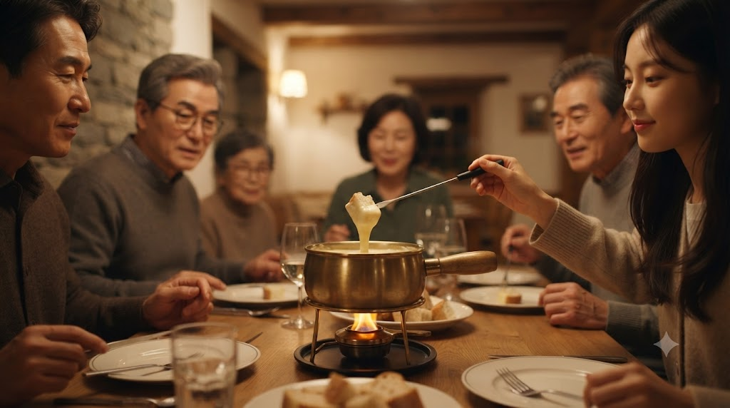 퐁듀 이름 뜻 양식당 테이블 중앙의 치즈 퐁듀 냄비에 빵을 담그는 모습