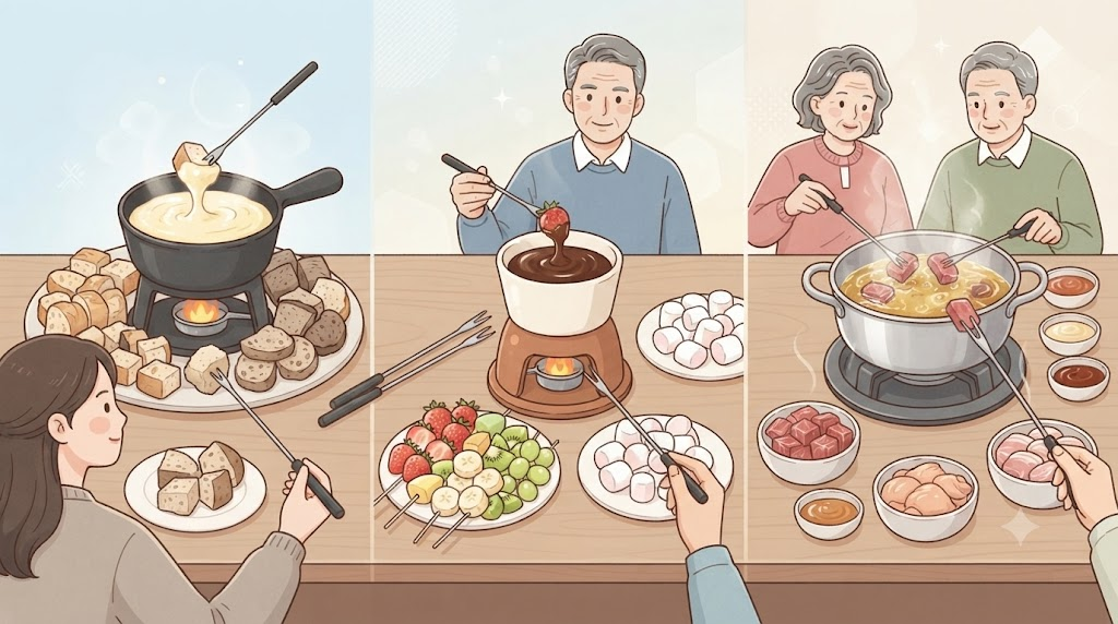 퐁듀 이름 뜻 치즈 퐁듀와 초콜릿 퐁듀, 고기 퐁듀의 구성을 비교한 무문자 삽화
