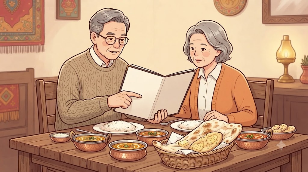 난 이름 뜻 인도 음식점 식탁에 커리와 여러 종류의 난이 함께 놓인 모습
