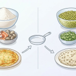 부침개 빈대떡 다양한 부침개 반죽과 녹두 중심 빈대떡 반죽을 비교한 무문자 인포그래픽