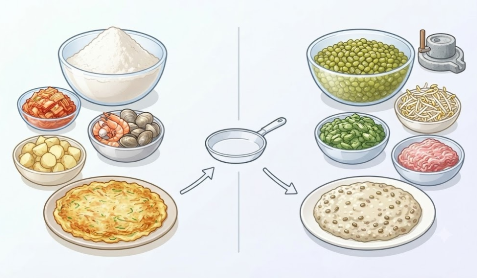 부침개 빈대떡 다양한 부침개 반죽과 녹두 중심 빈대떡 반죽을 비교한 무문자 인포그래픽