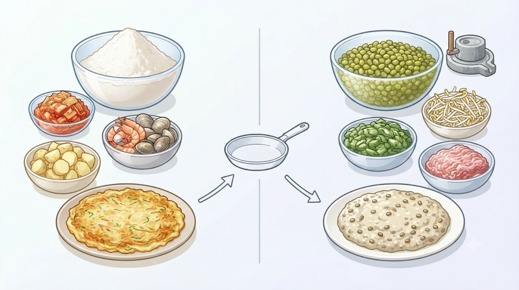 부침개 빈대떡 다양한 부침개 반죽과 녹두 중심 빈대떡 반죽을 비교한 무문자 인포그래픽