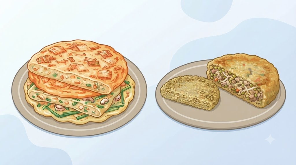 부침개 빈대떡 부침개와 녹두전, 빈대떡의 두께와 단면 차이를 보여 주는 무문자 일러스트
