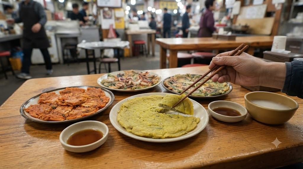 부침개 빈대떡 김치부침개와 해물부침개, 녹두전, 빈대떡이 함께 차려진 식당 상