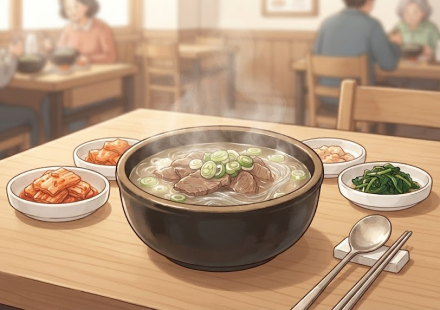 곰탕 이름 뜻 국밥집 식탁에 놓인 맑은 소고기 곰탕 한 그릇