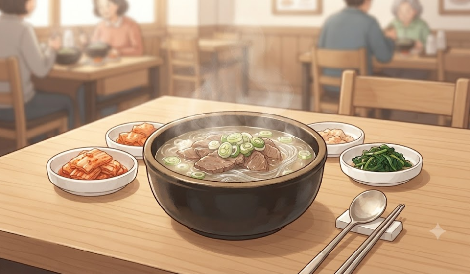 곰탕 이름 뜻 국밥집 식탁에 놓인 맑은 소고기 곰탕 한 그릇
