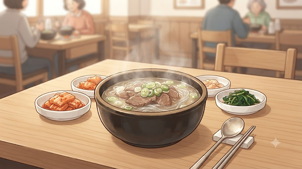 곰탕 이름 뜻 국밥집 식탁에 놓인 맑은 소고기 곰탕 한 그릇