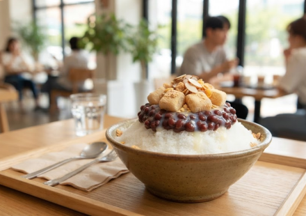 팥빙수 이름 뜻 여름 카페 테이블에 놓인 팥빙수 한 그릇