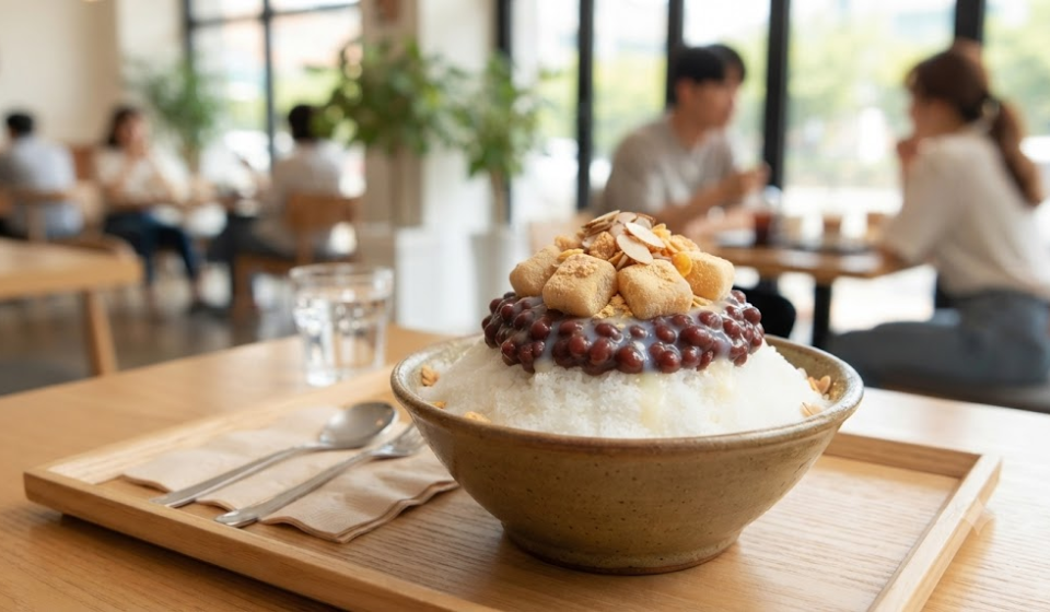 팥빙수 이름 뜻 여름 카페 테이블에 놓인 팥빙수 한 그릇