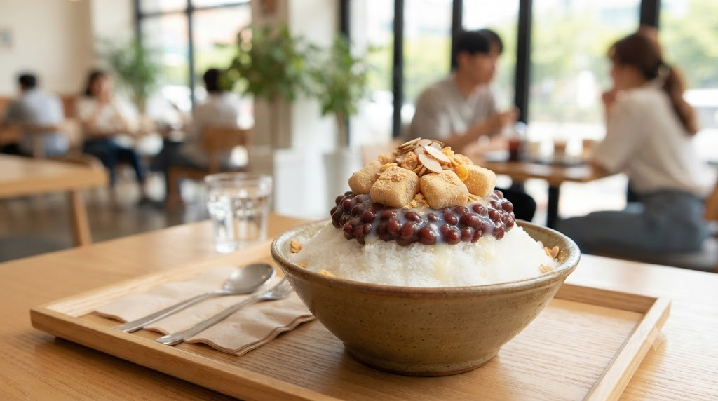 팥빙수 이름 뜻 여름 카페 테이블에 놓인 팥빙수 한 그릇