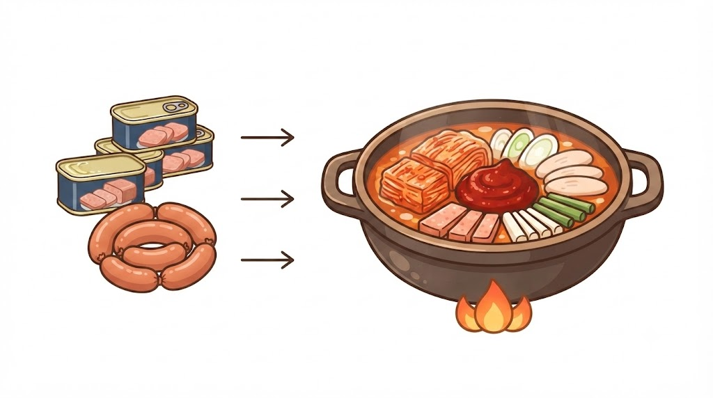 부대찌개 이름 유래 햄과 소시지가 김치와 매운 국물에 더해져 부대찌개가 되는 과정을 나타낸 무문자 구성