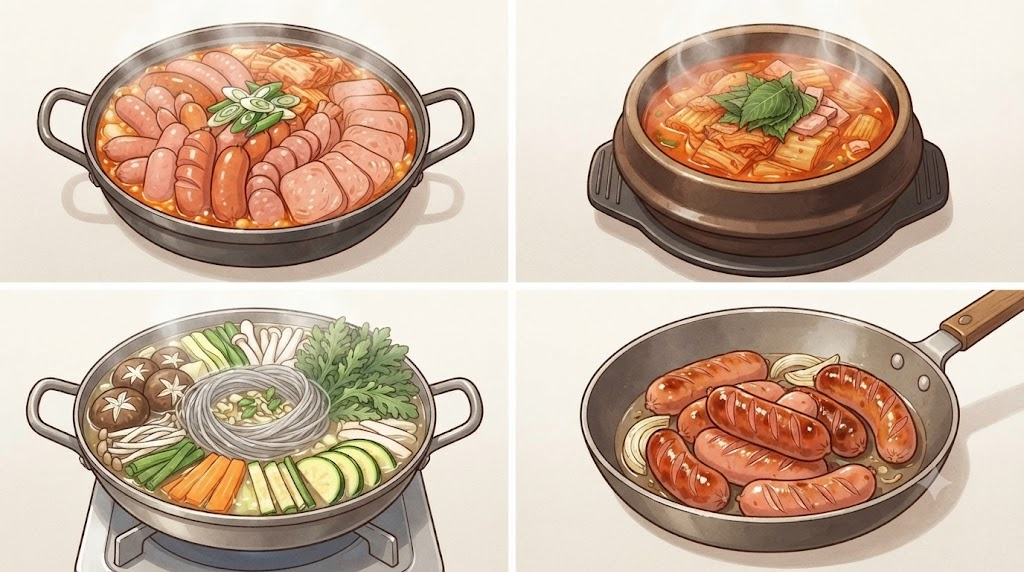 부대찌개 이름 유래 부대찌개와 햄김치찌개와 부대전골과 부대볶음의 구성 차이를 보여 주는 무문자 비교 삽화