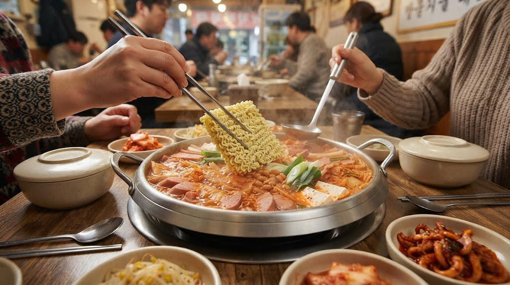 부대찌개 이름 유래 라면 사리를 넣은 부대찌개를 여러 사람이 함께 나누어 먹는 식당 상차림