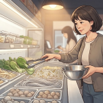 마라탕 이름 뜻 집게와 그릇을 들고 채소와 면 재료를 고르는 마라탕 식당 장면