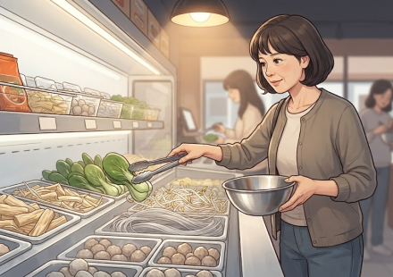 마라탕 이름 뜻 집게와 그릇을 들고 채소와 면 재료를 고르는 마라탕 식당 장면
