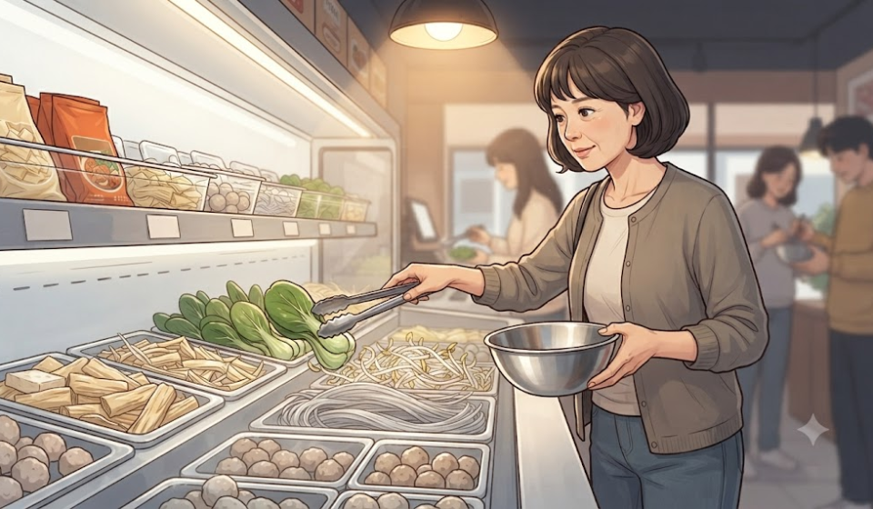 마라탕 이름 뜻 집게와 그릇을 들고 채소와 면 재료를 고르는 마라탕 식당 장면