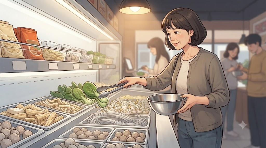 마라탕 이름 뜻 집게와 그릇을 들고 채소와 면 재료를 고르는 마라탕 식당 장면