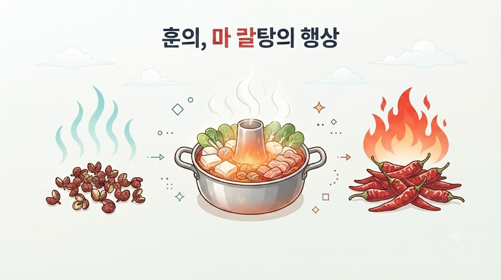 마라탕 이름 뜻 화자오의 얼얼함과 고추의 매운맛,뜨거운 조리를 도형으로 풀어낸 무문자 인포그래픽
