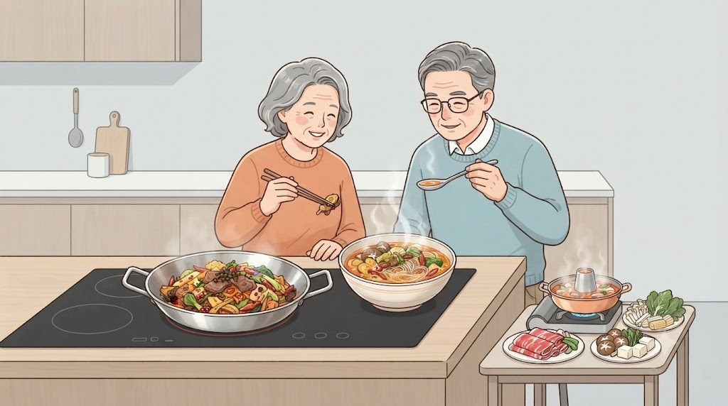 마라탕 이름 뜻 국물 마라탕과 볶음 마라샹궈,식탁에서 끓이는 훠궈를 비교한 무문자 삽화