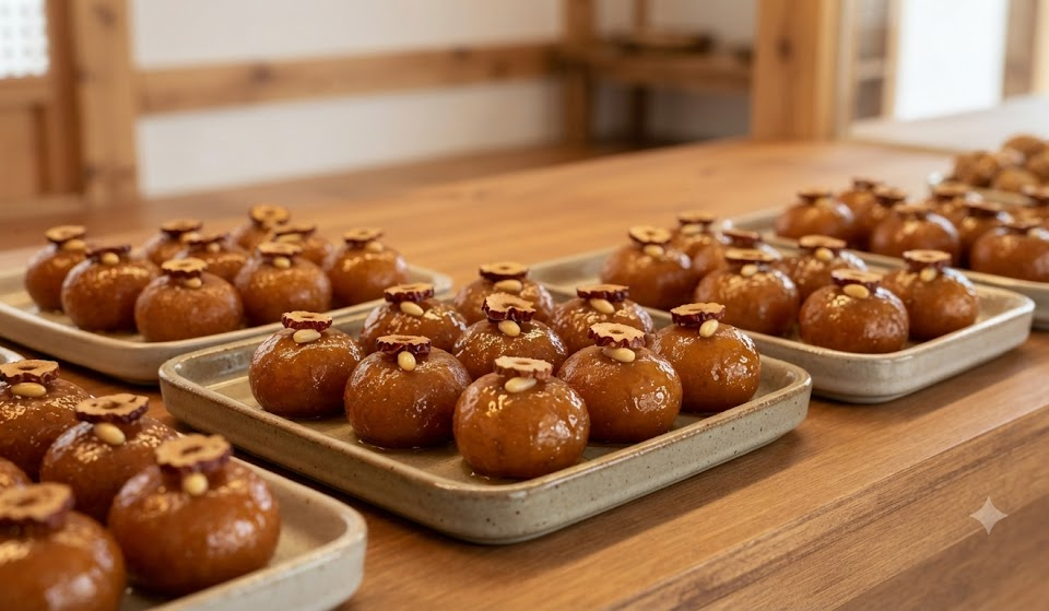 개성주악 이름 뜻 전통 디저트 진열대에 놓인 윤기 나는 개성주악
