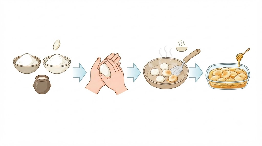 개성주악 이름 뜻 찹쌀가루와 막걸리 반죽을 지져 조청에 담그는 과정