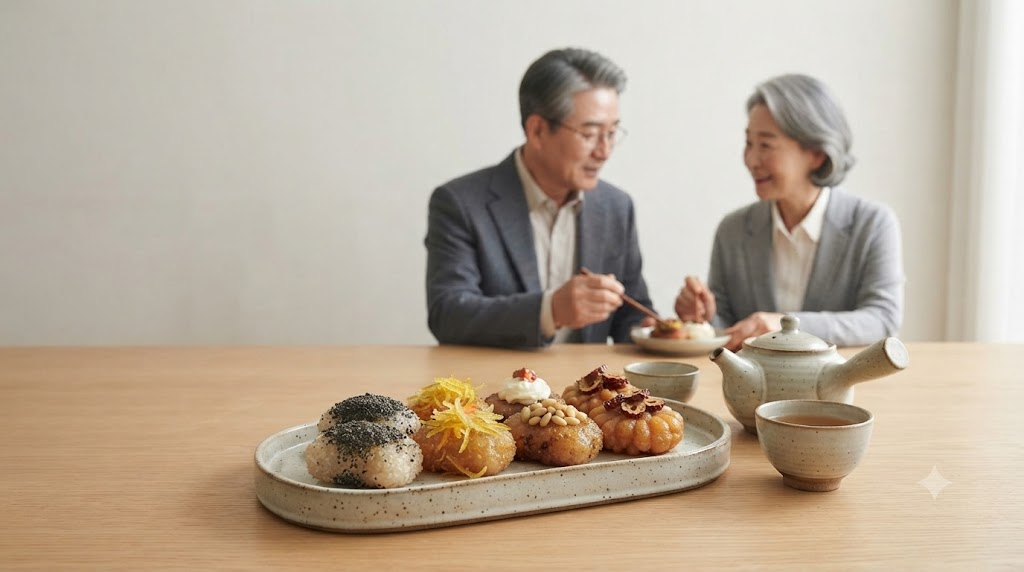 개성주악 이름 뜻 현대식 토핑을 올린 개성주악과 전통차가 놓인 카페 상차림