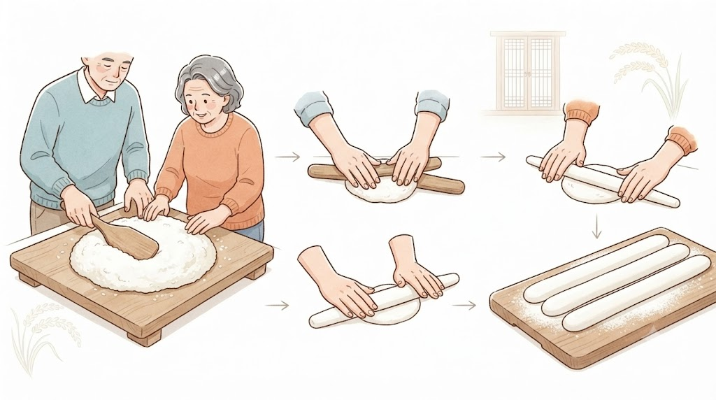 가래떡 이름 뜻 큰 쌀떡 반죽을 나누어 한 가닥씩 길게 빚는 가래떡 제작 과정