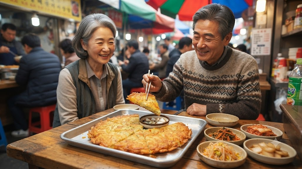 녹두전 빈대떡 시장 식탁에 차려진 큼직한 녹두 빈대떡