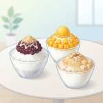 빙수 이름 뜻 여름 카페 테이블에 놓인 팥빙수와 망고빙수, 우유빙수