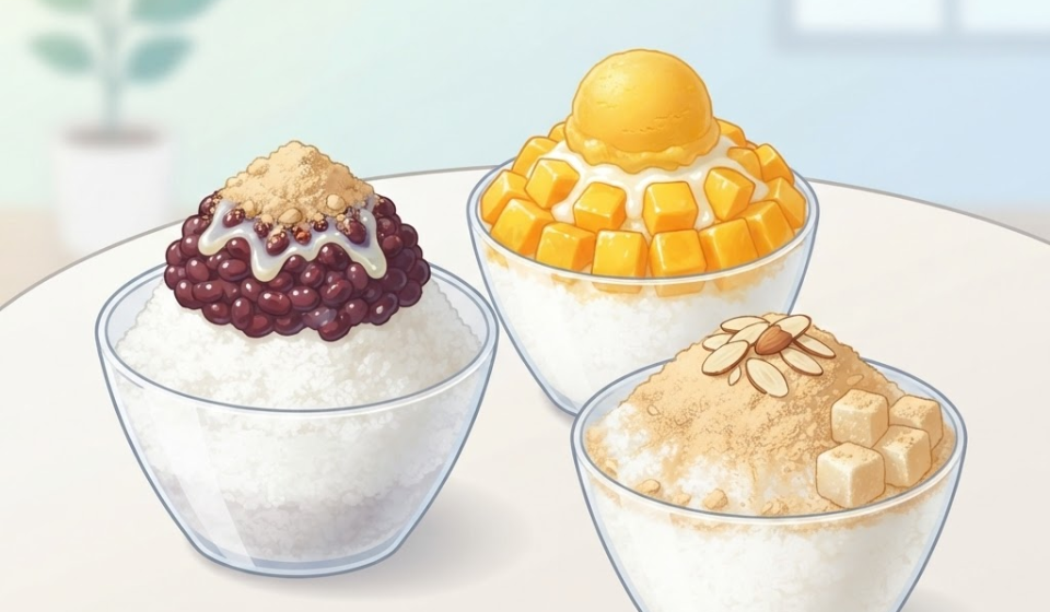 빙수 이름 뜻 여름 카페 테이블에 놓인 팥빙수와 망고빙수, 우유빙수