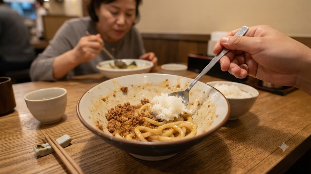 마제소바 이름 뜻 마제소바를 먹은 뒤 남은 양념에 밥을 섞는 장면