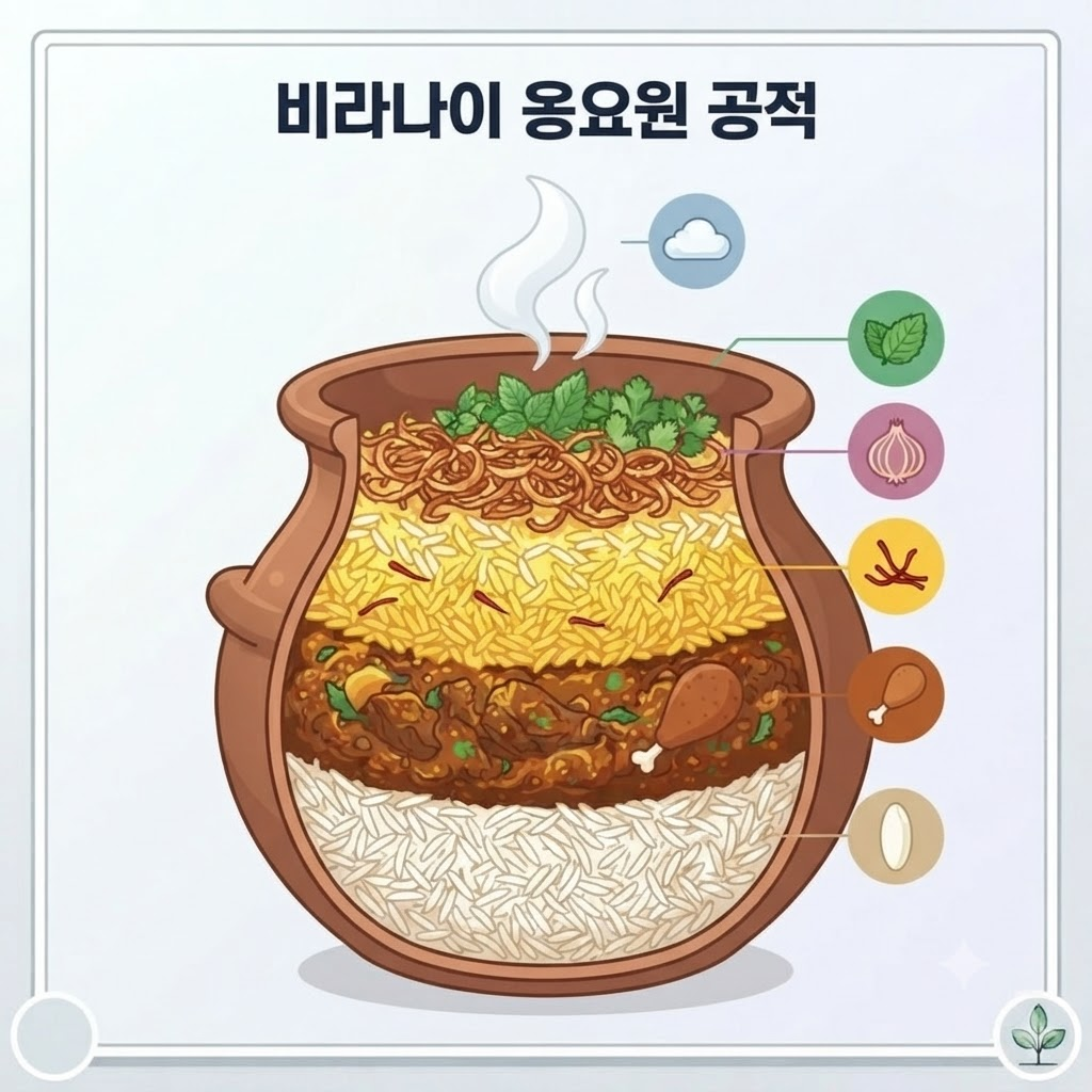 비리야니 이름 뜻 바스마티 쌀과 고기 향신료가 층을 이루는 비리야니 구조
