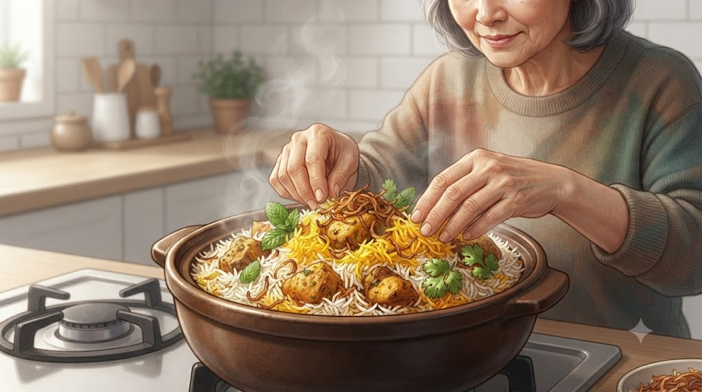 비리야니 이름 뜻 냄비에 바스마티 쌀과 양념한 고기를 층층이 담는 장면