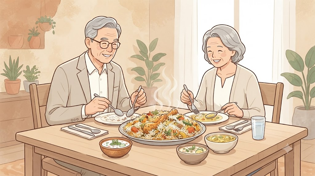 비리야니 이름 뜻 비리야니와 라이타 묽은 커리가 함께 놓인 식탁